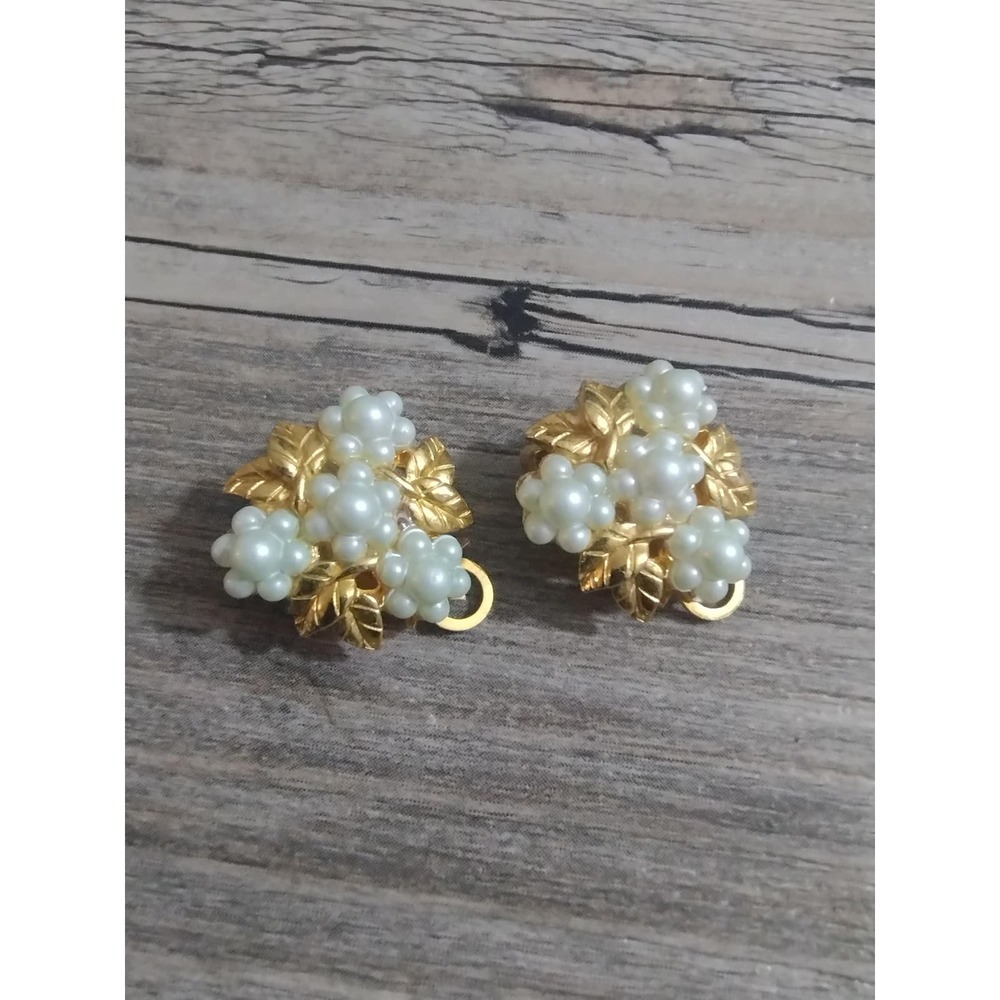 Vtg Marvella Gold Leaves & Pearl Florals Faux Jeweled Clip-on Earrings (jb3 3)
